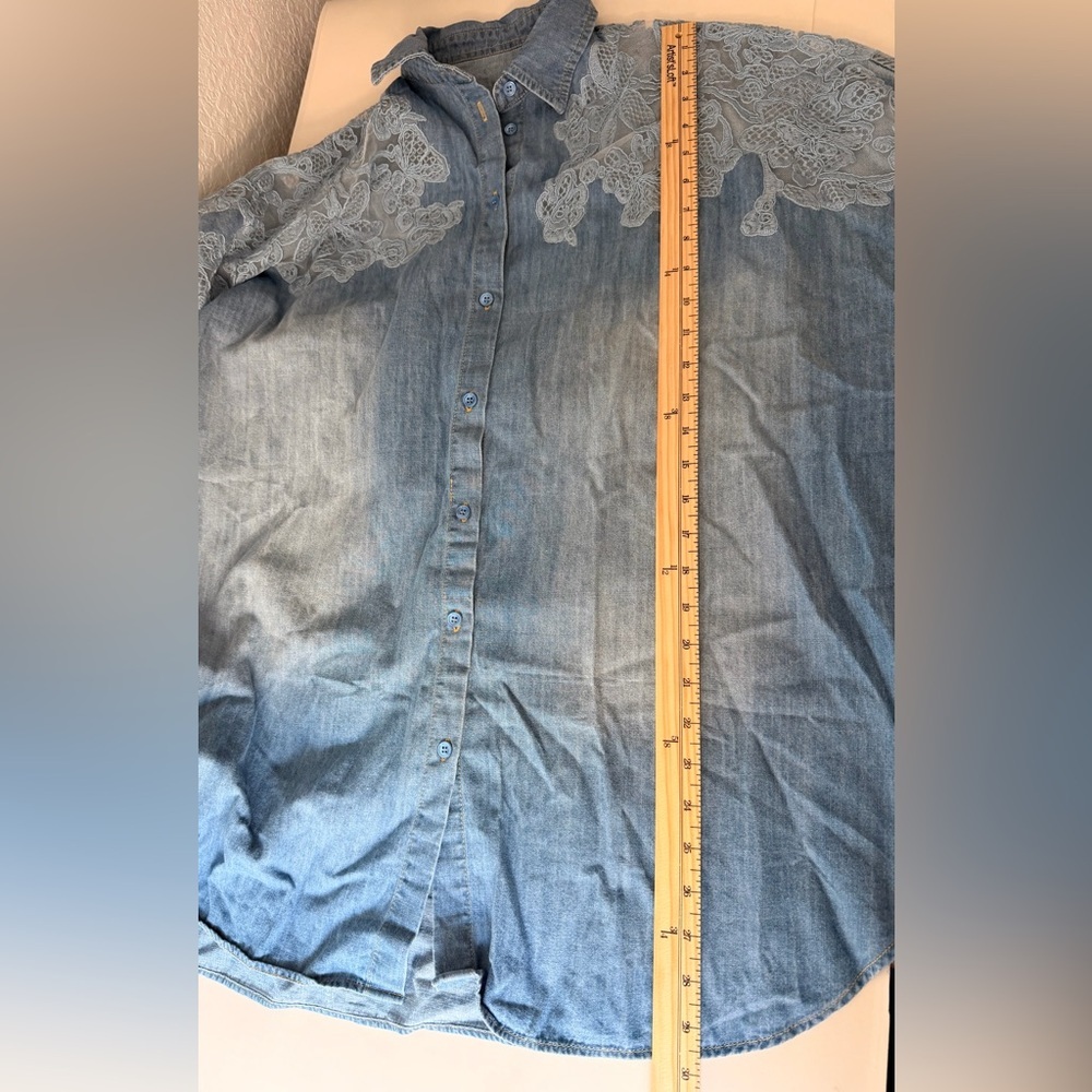 Women’s Oversized Denim Button Up Shirt 100% Cotton | Lace Detail - Picture 6 of 7